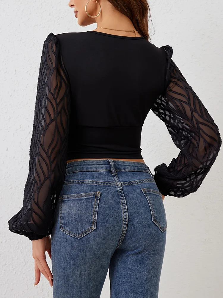 Primavera Verano moda linterna manga mujer blusa Oficina señora manga larga gasa camisas de mujer elegante ajustado cuello en V mujer Tops