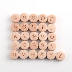NANA 20pcs Natural Wooden English Alphabet Beads Beech Wood Flat Round Alphabet Letter Beads Outer diameter 15mm