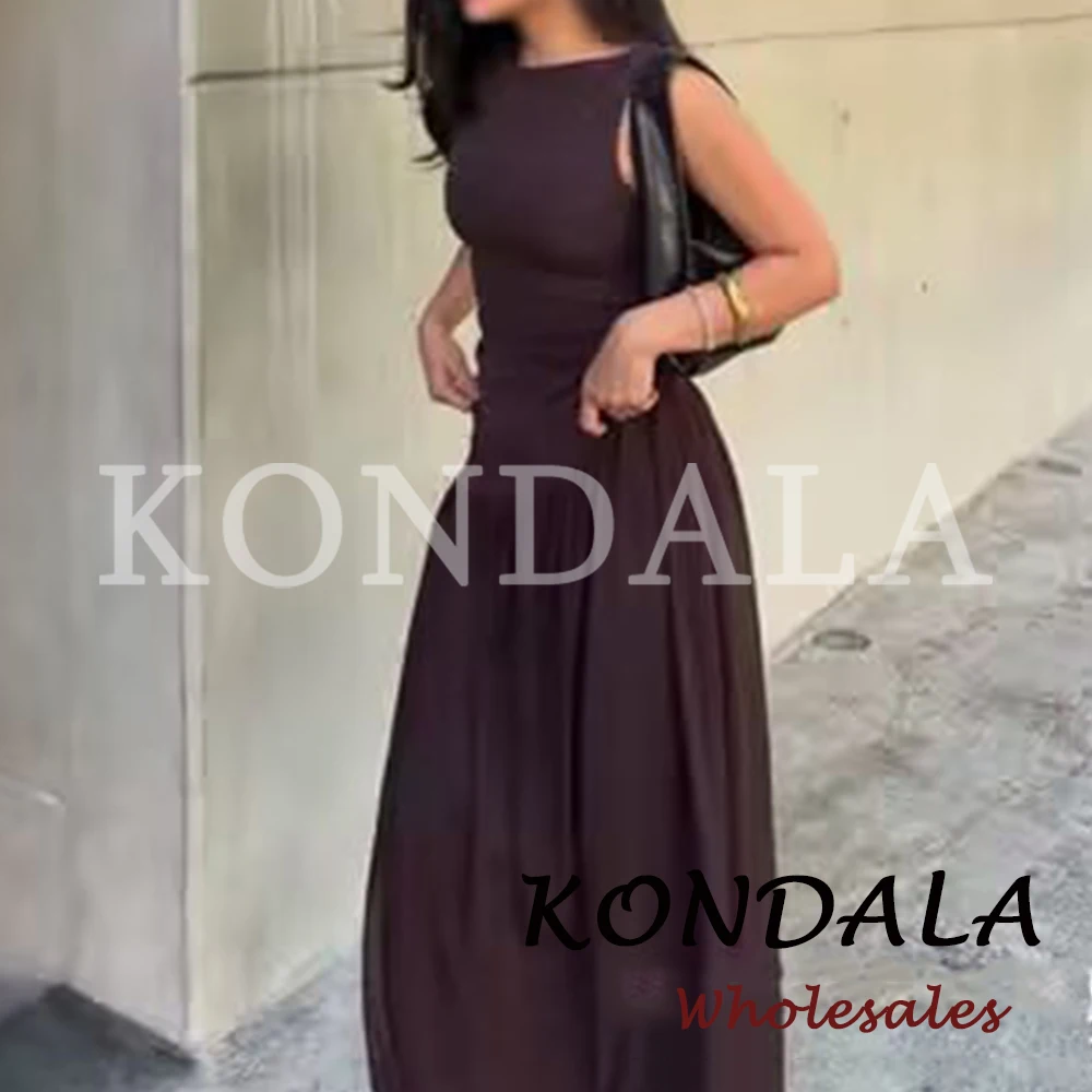 KONDALA Vintage Etuikleid Patchwork Schlankes Einfarbiges Braunes Elegantes Damenkleid Mode 2026 Langes Kleid für Abendpartys Frühling Damen Vestidos
