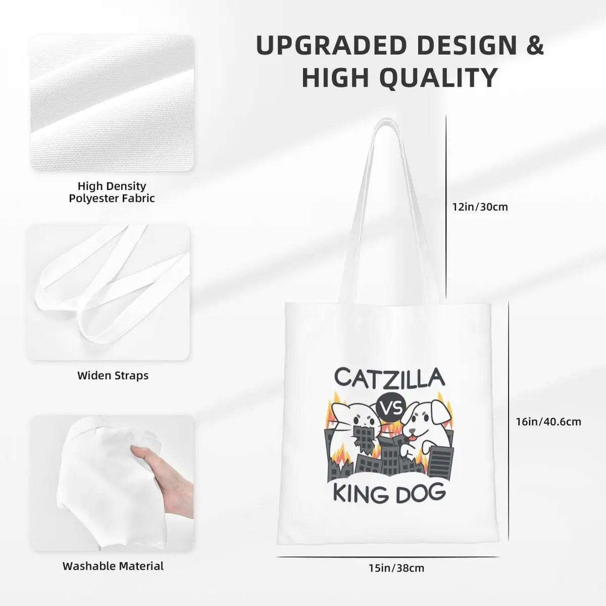 حقيبة حمل قماشية لطيفة على شكل قطة من Catzilla Vs King Dog حقيبة بقالة عصرية ذات سعة كبيرة لحقائب الطلاب للجنسين
