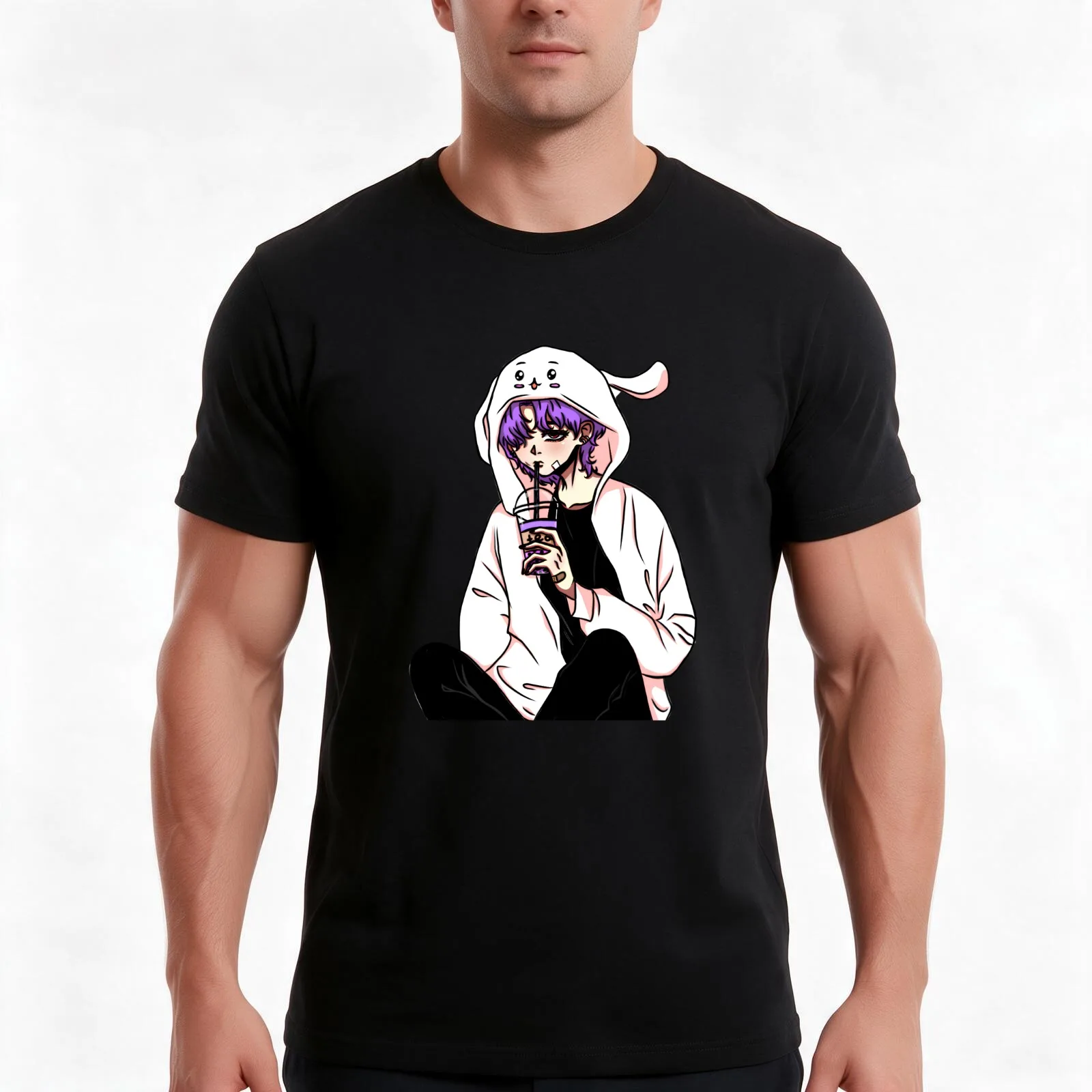 Anime guy with a drink in his hand and with rabbit ears on his hood. A plaster is stuck on his face. T-Shirt, Unisex Men Women