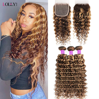 Lolly P4 27 Highlight Bundles With Closure 4x4 Inch Deep Wave Bundles With Closure 3/4 PCS Ombre Human Hair Bundles With Closure