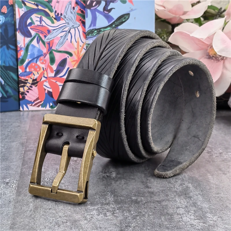 Retro Heavy Brass Belt Buckle Hand Carved Genuine Leather Belt For Men Designer Luxury  Mens Belt Leather Belt Male MBT0620