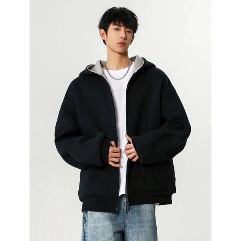 Korean Fashion Oversized Loose Hooded Jacket for Men 2026 Autumn New High Street Contrasting Men's Casual Zipper Jacket Coats