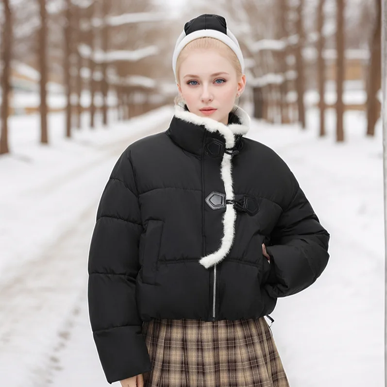 Winter Female's Parka Jacket Solid Horn Toggle Buttons Fleece-lined Stand Collar Women's Coat Minimalsit Padded Coat For Lady