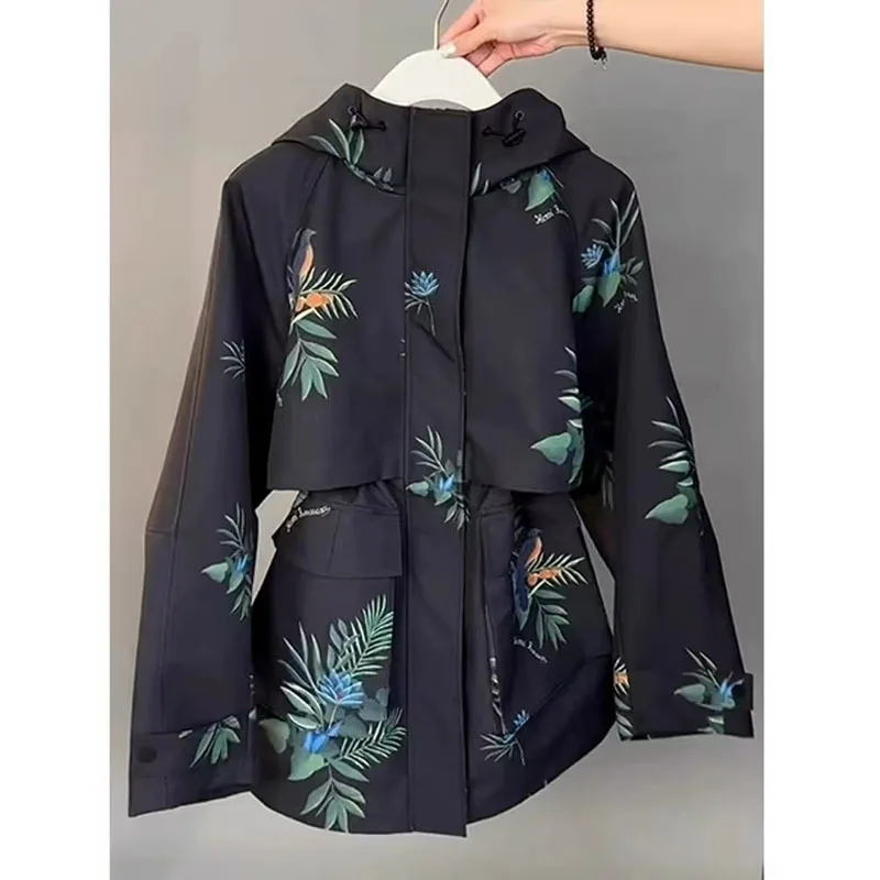 YYAHAHAS Women's Technical Windbreaker Hooded Jacket Loose Fit Black Graphic Print Urban Techwear Casual Coat New Arrival