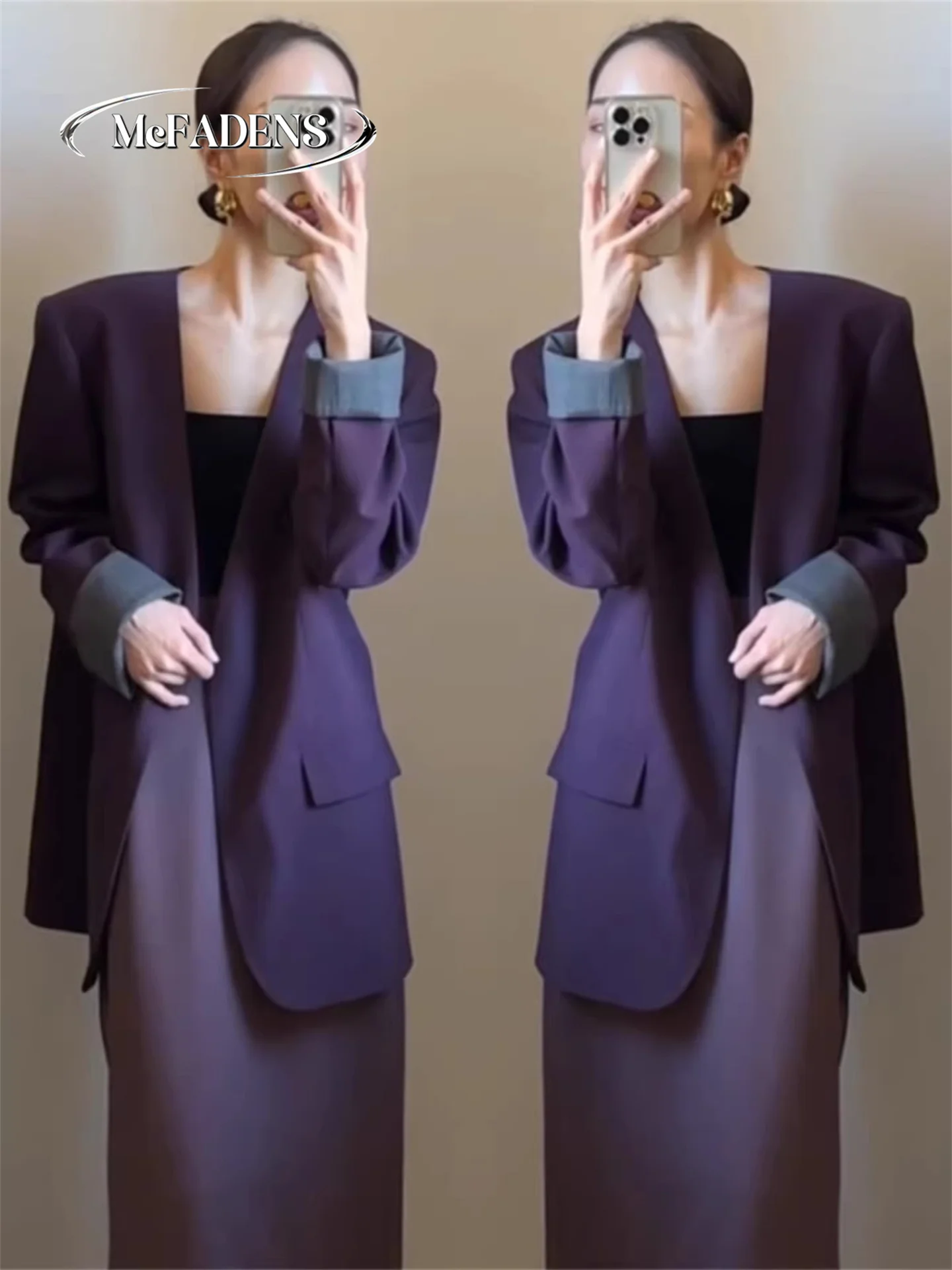 

Spring New Arrival Ele Purple Suit Jaet And Skirt Set Women's Casual Faion Ensemble High Waist Polyester Fabric
