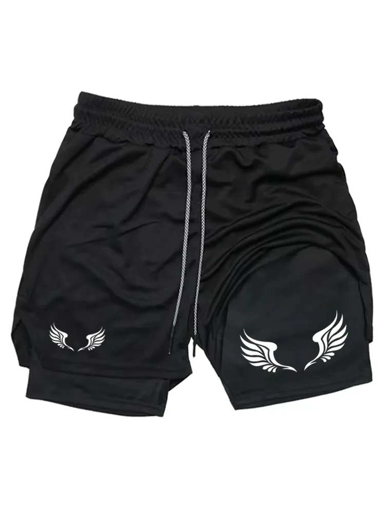 Men's Angel Wings Graphic 2-in-1 Shorts, Quick Dry Double Layer Gym Workout Running Athletic Fitness Shorts WX065
