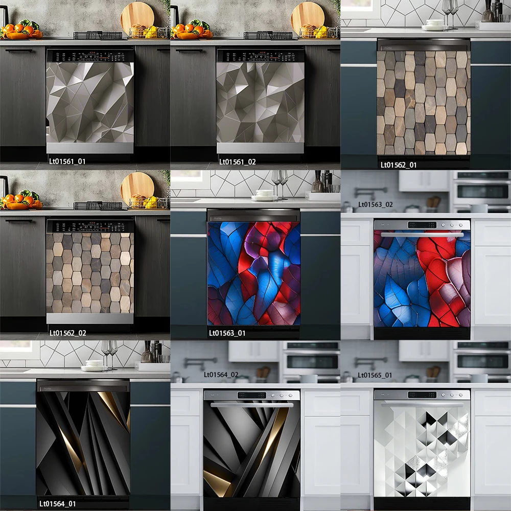 Modern Geometric Dishwasher Sticker, 3D Faceted Stone & Gold Line Design, Waterproof Removable Kitchen Decor