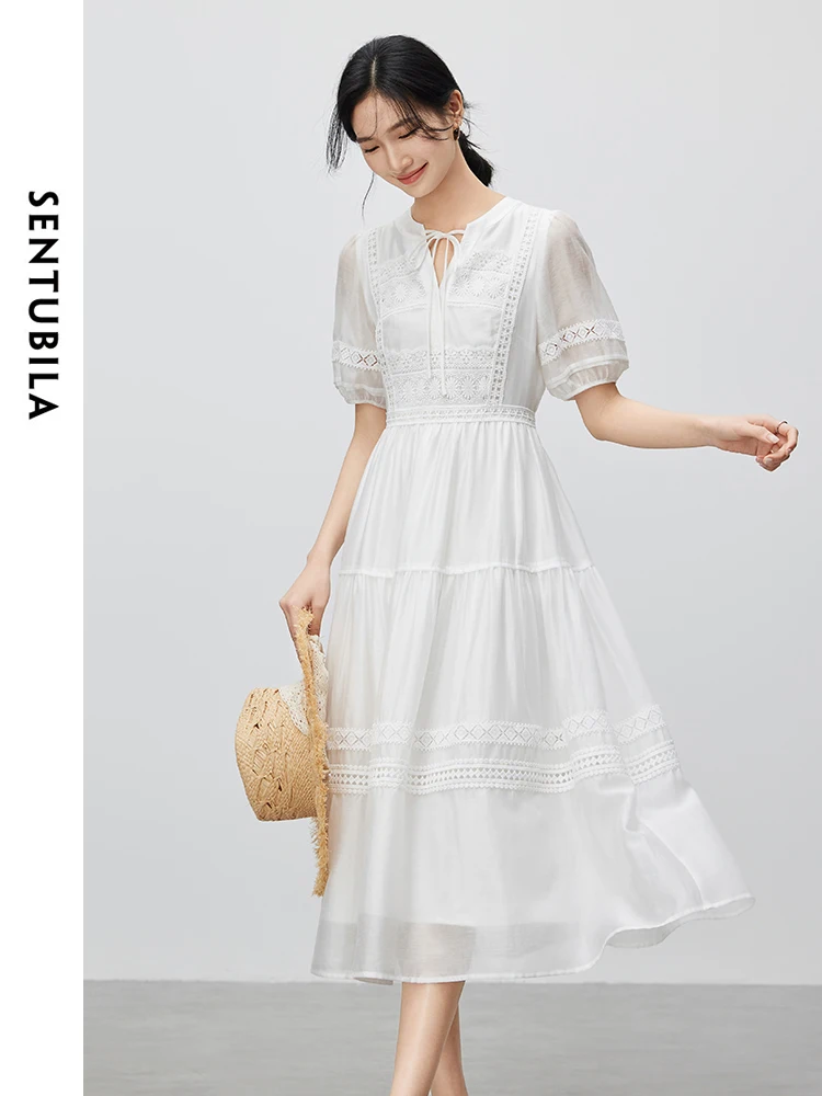 

SENTUBILA Elegant Puff Sleeve V-neck Dress 2024 Summer Fashion Comfort Commuter Pullover White Midi Dresses Woman 142L54765