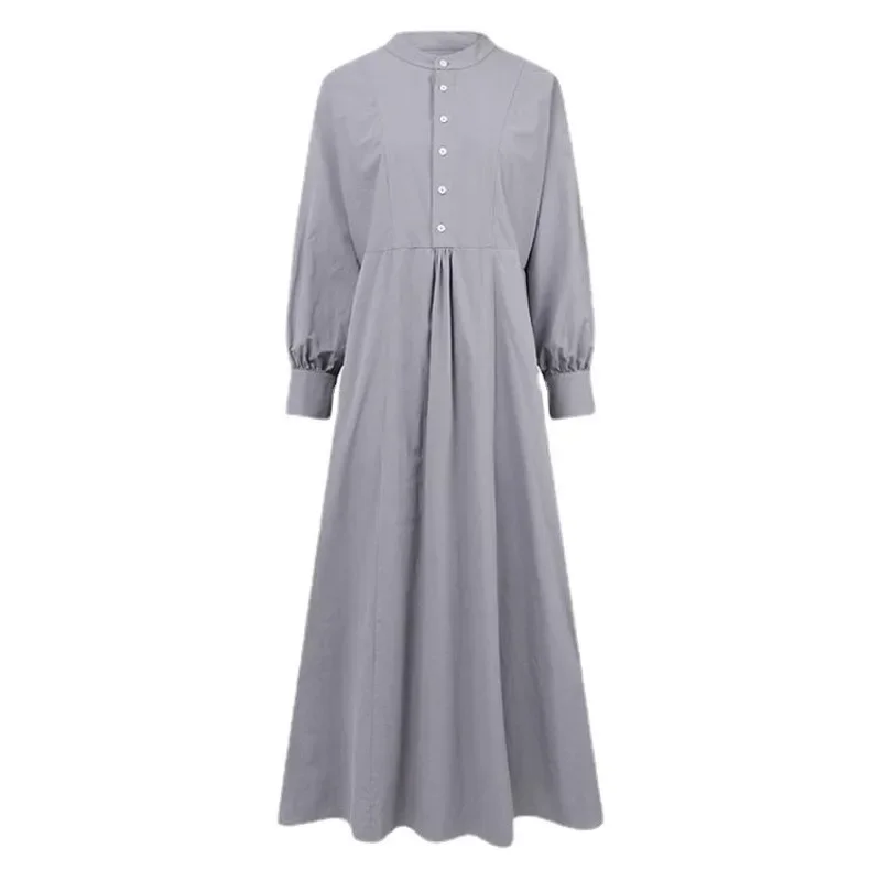 Spring Autumn Casual Retro Long Dress Muslim Women Cardigan Crew Neck Party Evening Dresses Islamic Abayas Kimono Elegant Robe