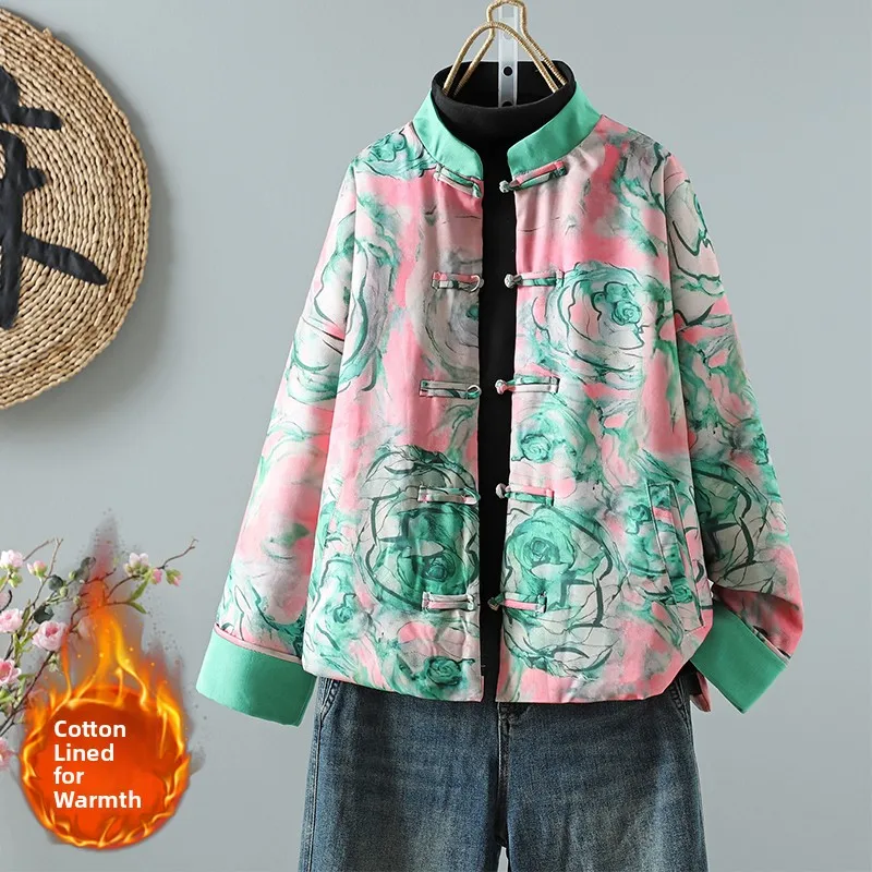 

High-End New Chinese Style Women's Handmade Imitation Xiangyun Silk Printed Cotton Coat with Button Design for Winter