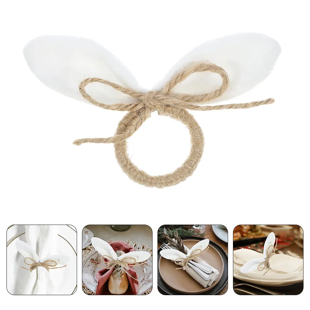 

6pcs Bunny Ear Napkin Rings Easter Spring Table Decor Rope Material Holders Farmhouse Dining Decorative Buckles For Home