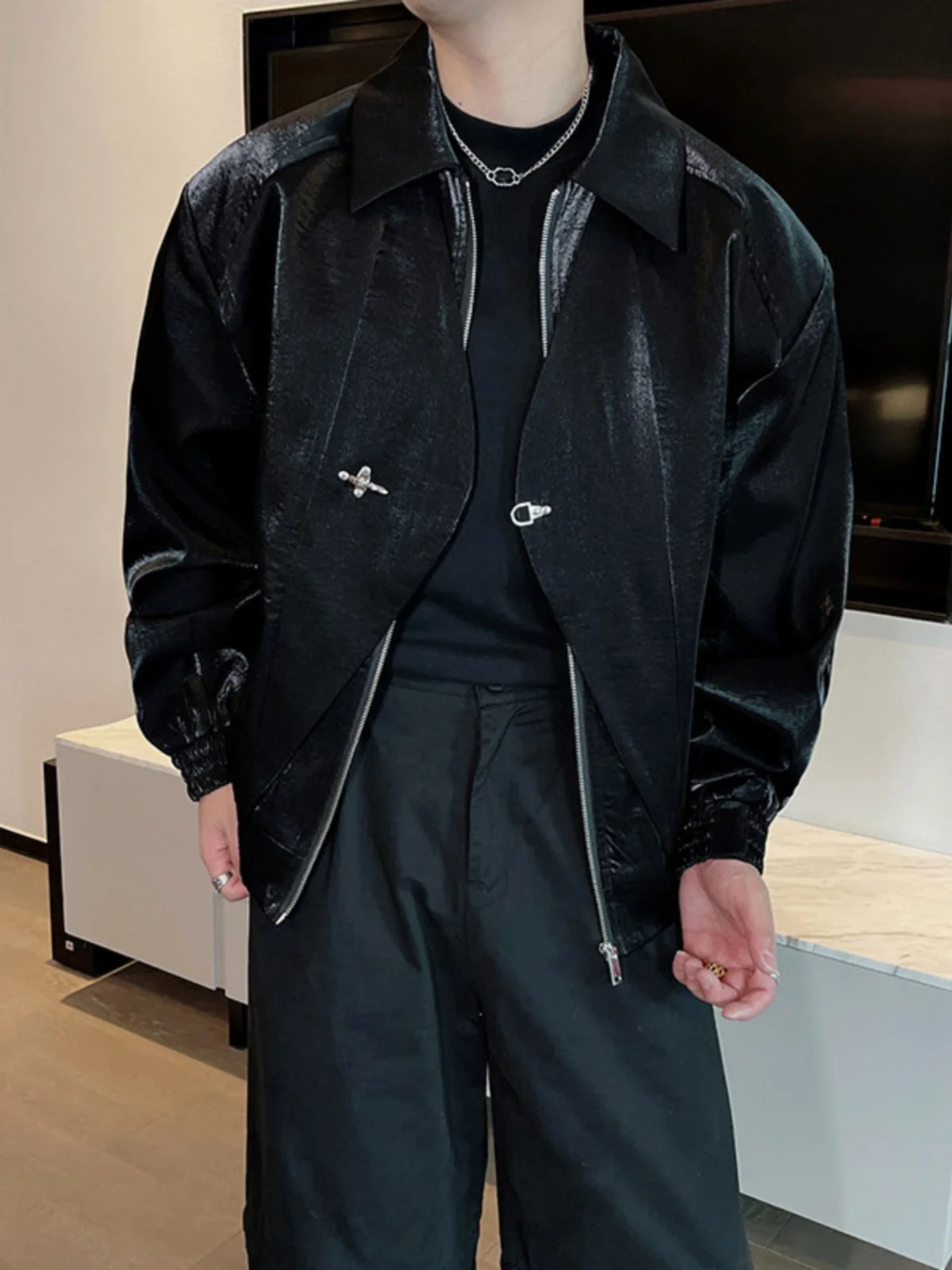 

Loose Fit Liquid Metal Jaet Men's Casual Sli Clubbing Sle Fake Two-Piece ort Coat Polyester Fabric oulder Sve