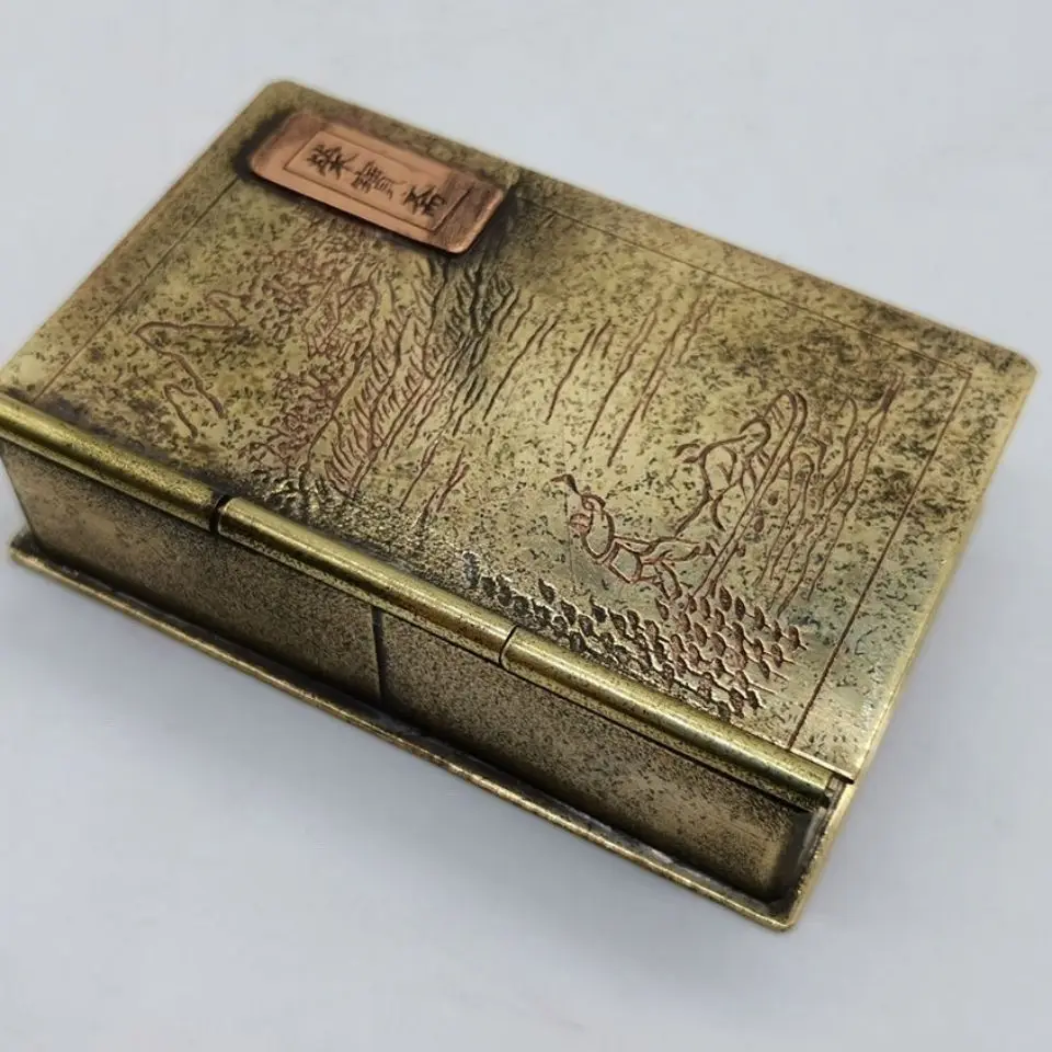 Antique Solid Brass Landscape Relief Tobacco Box Mini Copper Pipe Storage Case Vintage Collectible Ornament