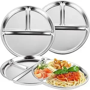 23CM Stainless Steel 3 Grid Dinner Plate Serving Tray Creative Round Durable for Kids Student Quantitative Proportion Meal Plate