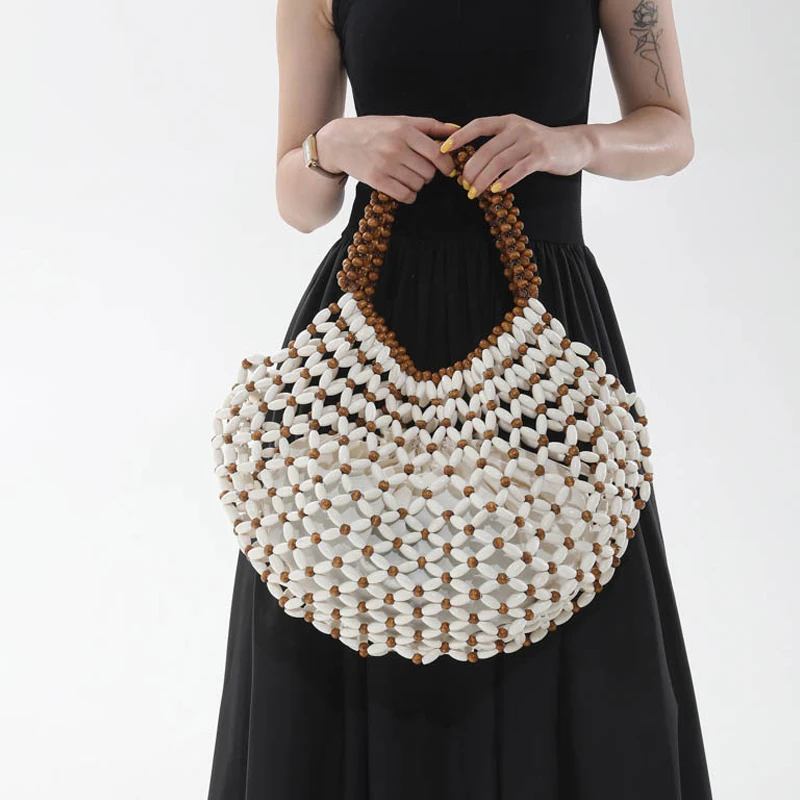 Hollow Wooden Bead Woven Handbag Women Summer Beach Tote Bag Mesh Handmade Bag Vacation Underarm Bag Large Capacity Shopping Bag