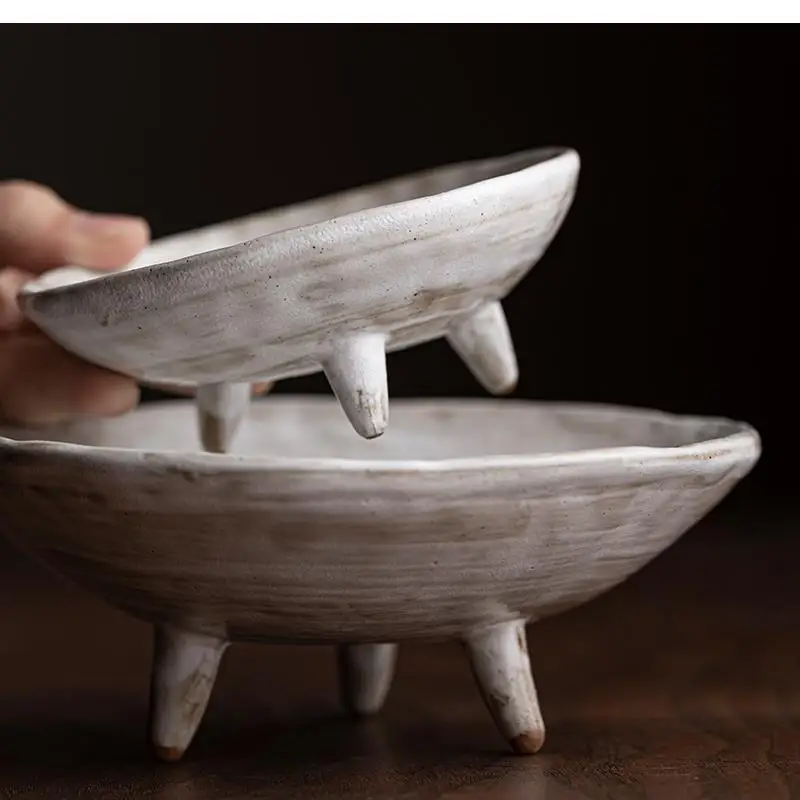 Retro Stoneware Round Plate Fruit Tray Dessert Refreshment High Tripod Dinner ceramic dishes Black and White