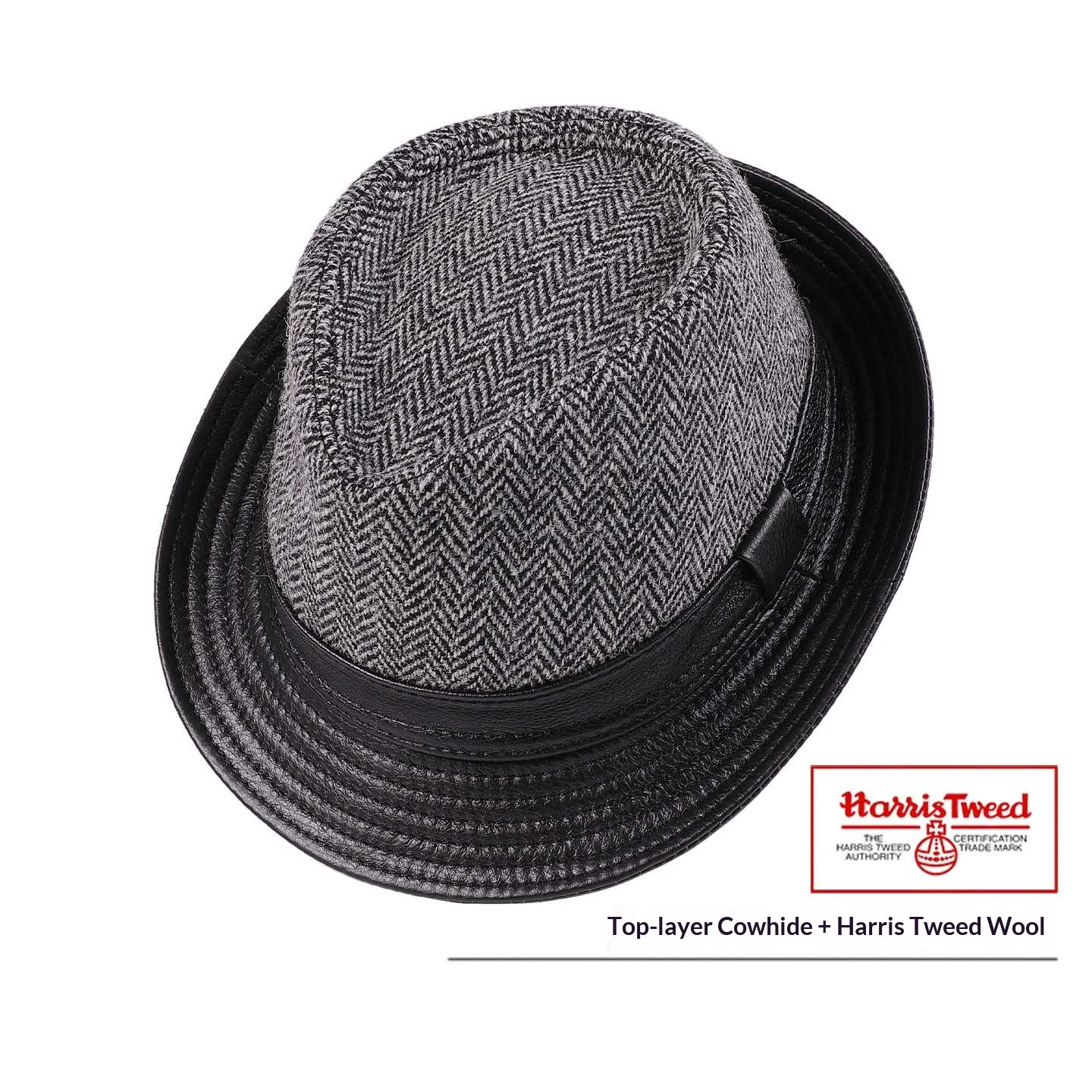 Harris Tweed Pure Wool Fedora Hat with Genuine Cowhide Decoration British Imported Vintage Gentleman Dress Hat