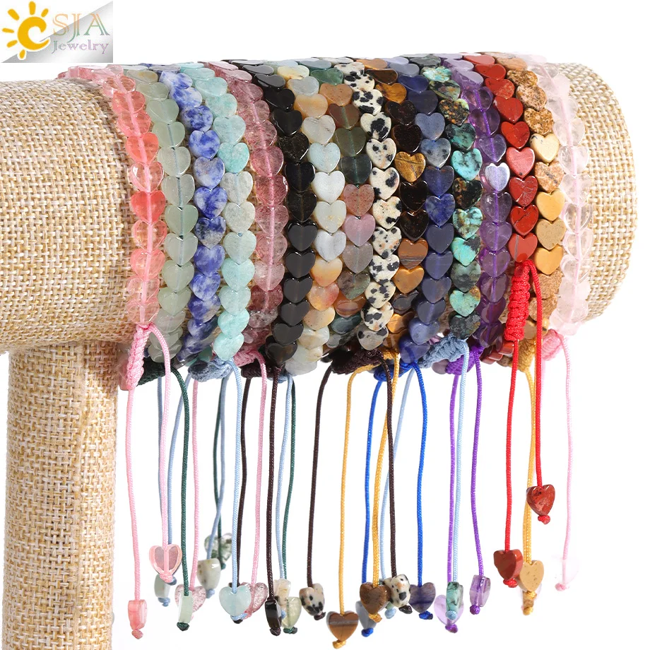 Natural Stone Heart Bead Bangle Bracelet for Women Energy Amethysts Amazonite Crystal Handmade Braided Bracelets Jewelry H643