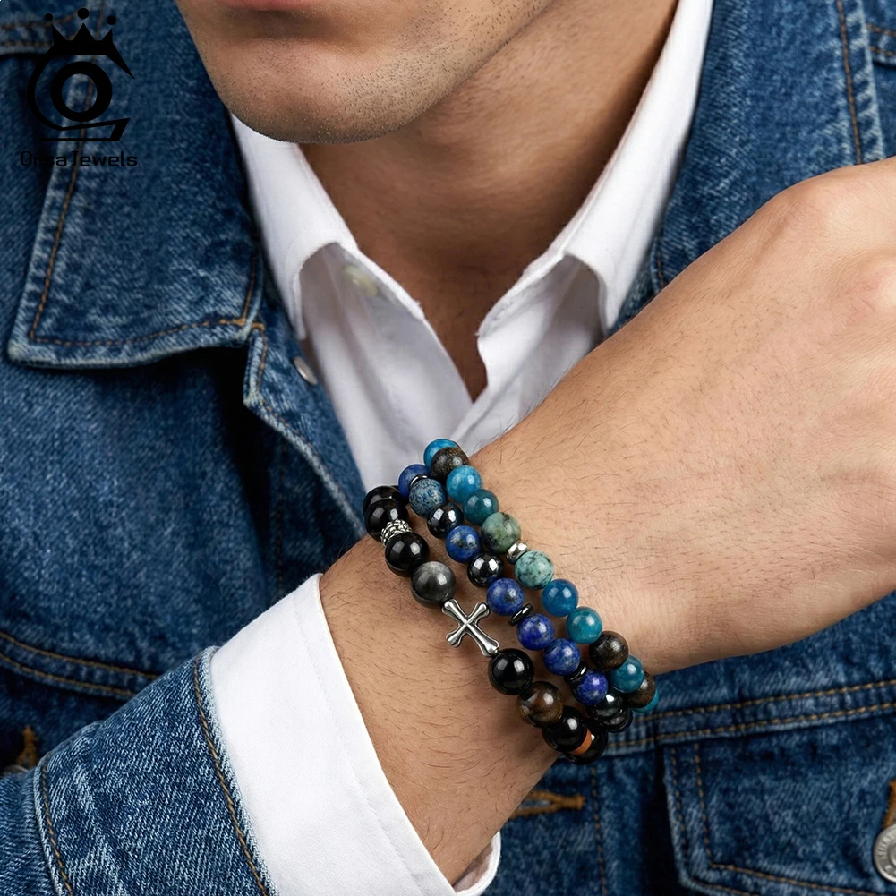 ORSA JEWELS 925 Silver Protection Healing Blue Lapis Lazuli Natural Stone Bracelet Handmade Elastic Stretch Bead Bracelet GMB72