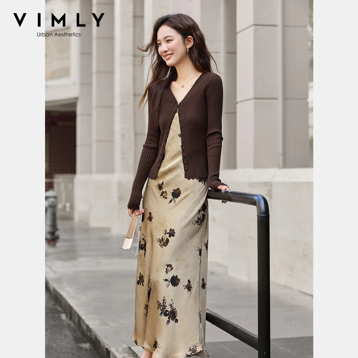 VIMLY 女性ドレスセット 2 枚秋 2025 ブラウンニットスリムカーディガンロングサスペンダードレスエレガントな女性のスーツ A2396