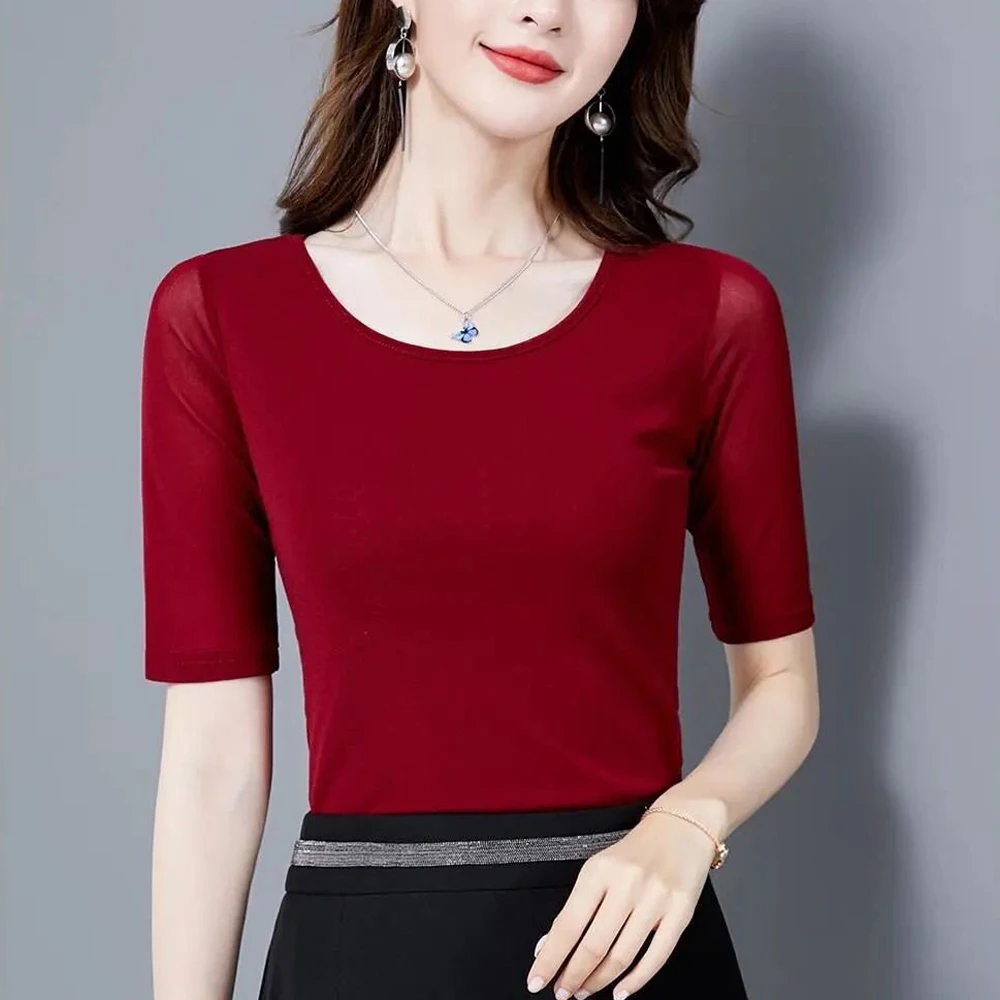 7 Colors Size S-3XL Colorful Mesh O Neck Female Blouses Transparent Short Sleeve O-neck Thin T shirt Women Half Sleeve Tops