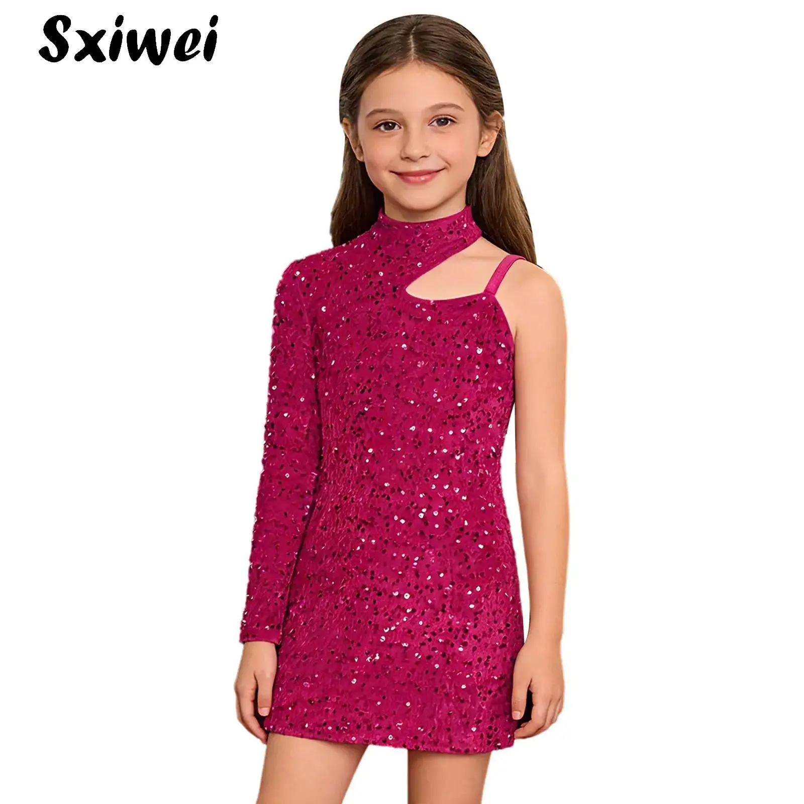

Kids Girls Shiny Sequin Velvet Mini Dress One Shoulder Long Sleeve Asymmetrical Dress Birthday Banquet Wedding Ball Party Gowns