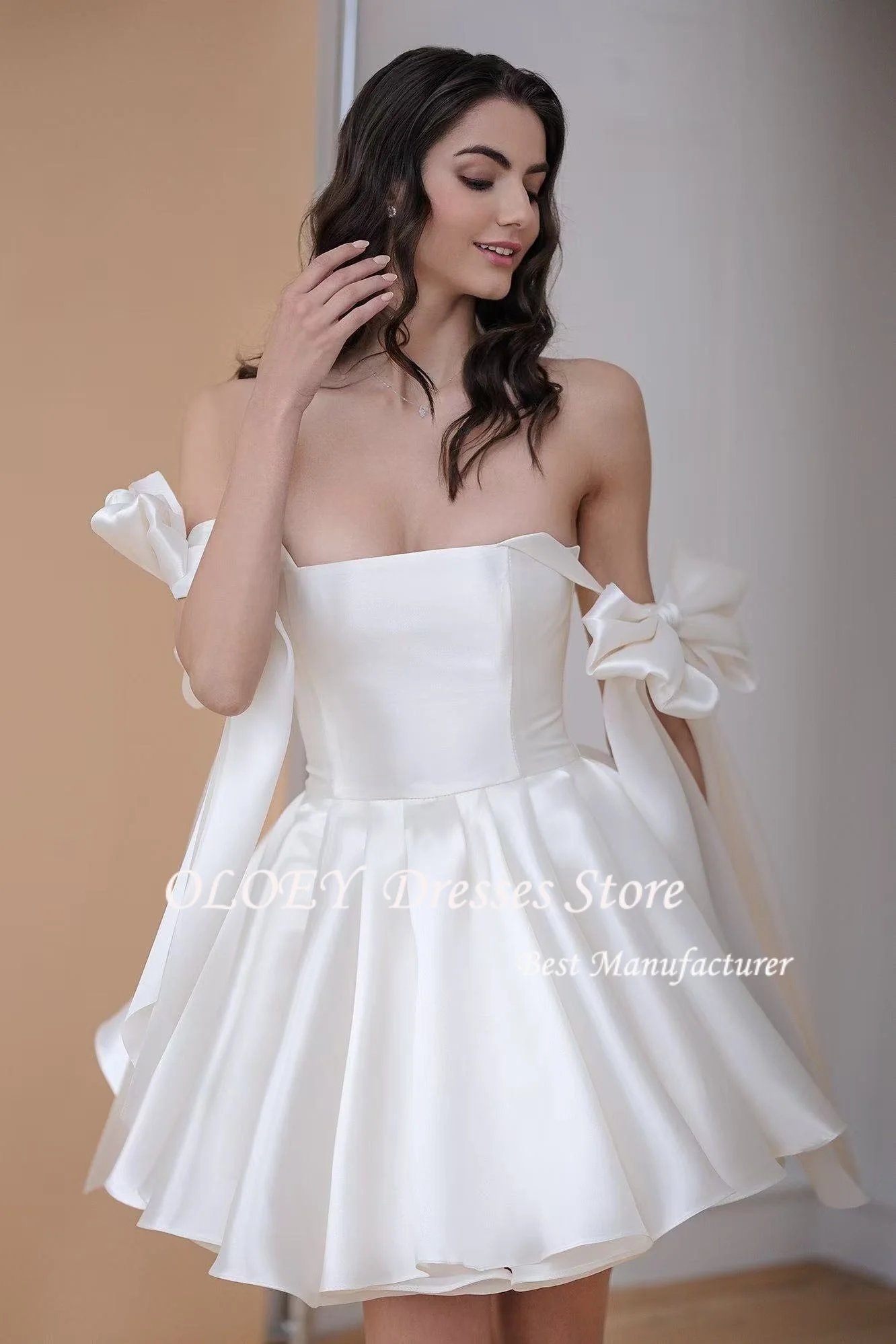 OLOEY ミニウェディングドレス 2025 Aライン花嫁ドレス ベスティドス・デ・ノビア アイボリーガウン バックレースアップ カクテルドレス