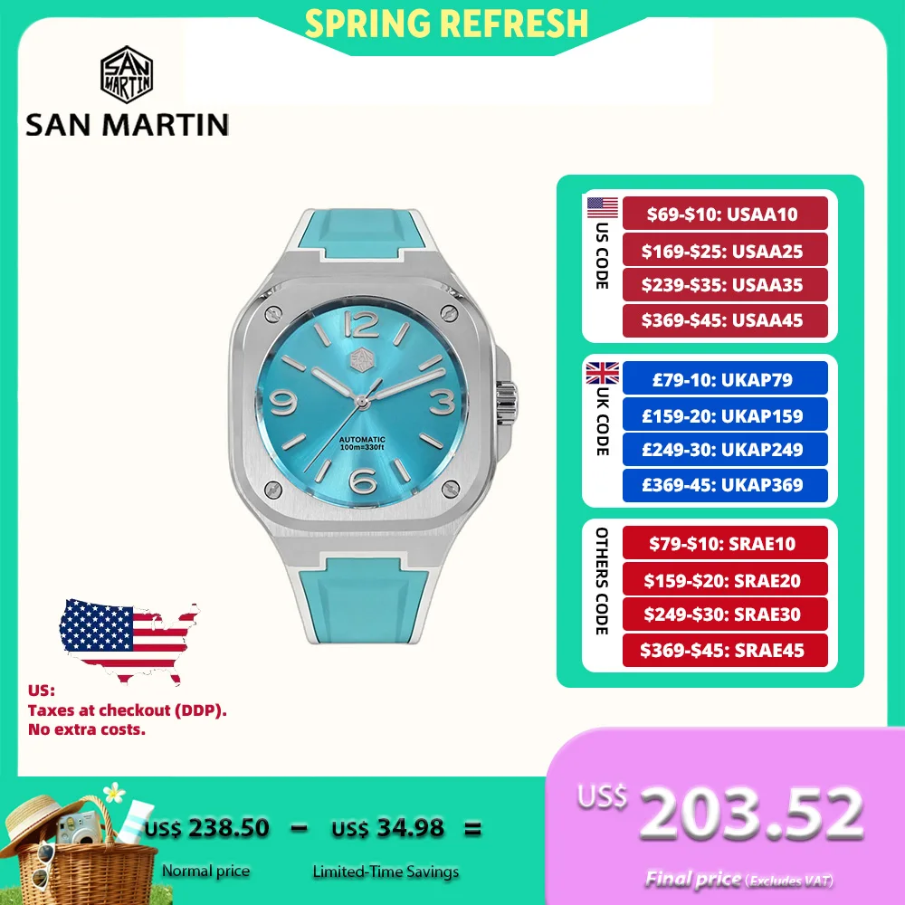 

San Martin 40mm Square Business Watch Mechanical Watches For Men Self Winding Wirstwatch Waterproof 10Bar Casual Sapphire SN0074