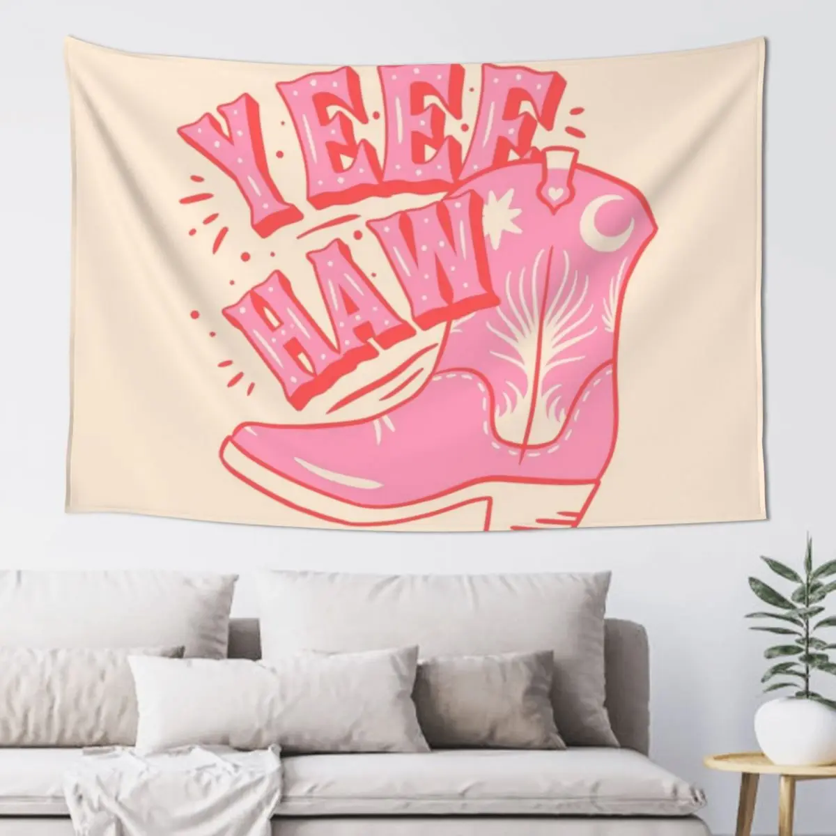 YEEHAW Pink Cowboy Space Cowgirl Rodeo Boot Preppy Aesthetic HOWDY Y'ALL White Background Tapestry Wall Hanging Decor Tapestry