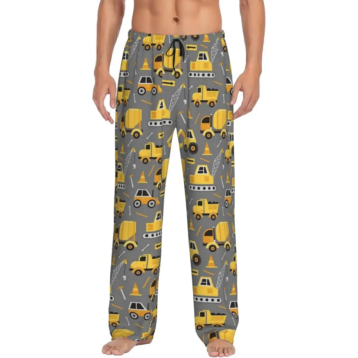 

Custom Construction Trucks On Gray Pajama Pants Men Sleepwear Sleep Lounge Bottoms with Pockets