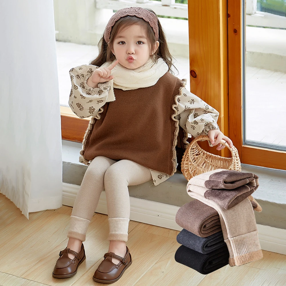 Autumn Kids Leggings Toddler Fleece Padded Warm Trousers Infant Girls Solid Color Pit Strip Render Pants