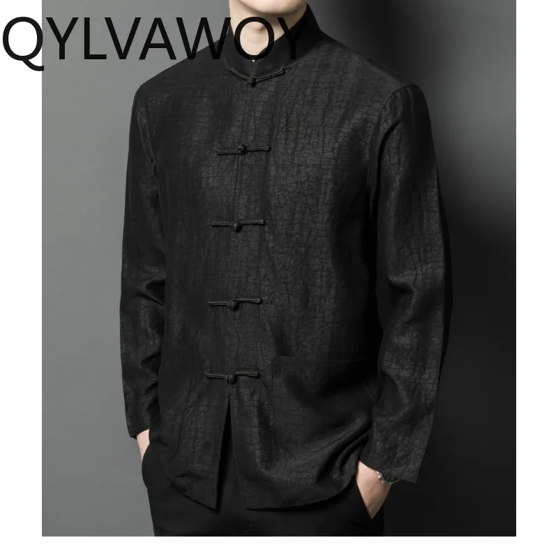 QYLVAWOY 100% Real Mulberry Silk Men Shirts Spring Autumn Man Clothing Long Sleeves Top Shirt Chinese Shirt for Man High-end New