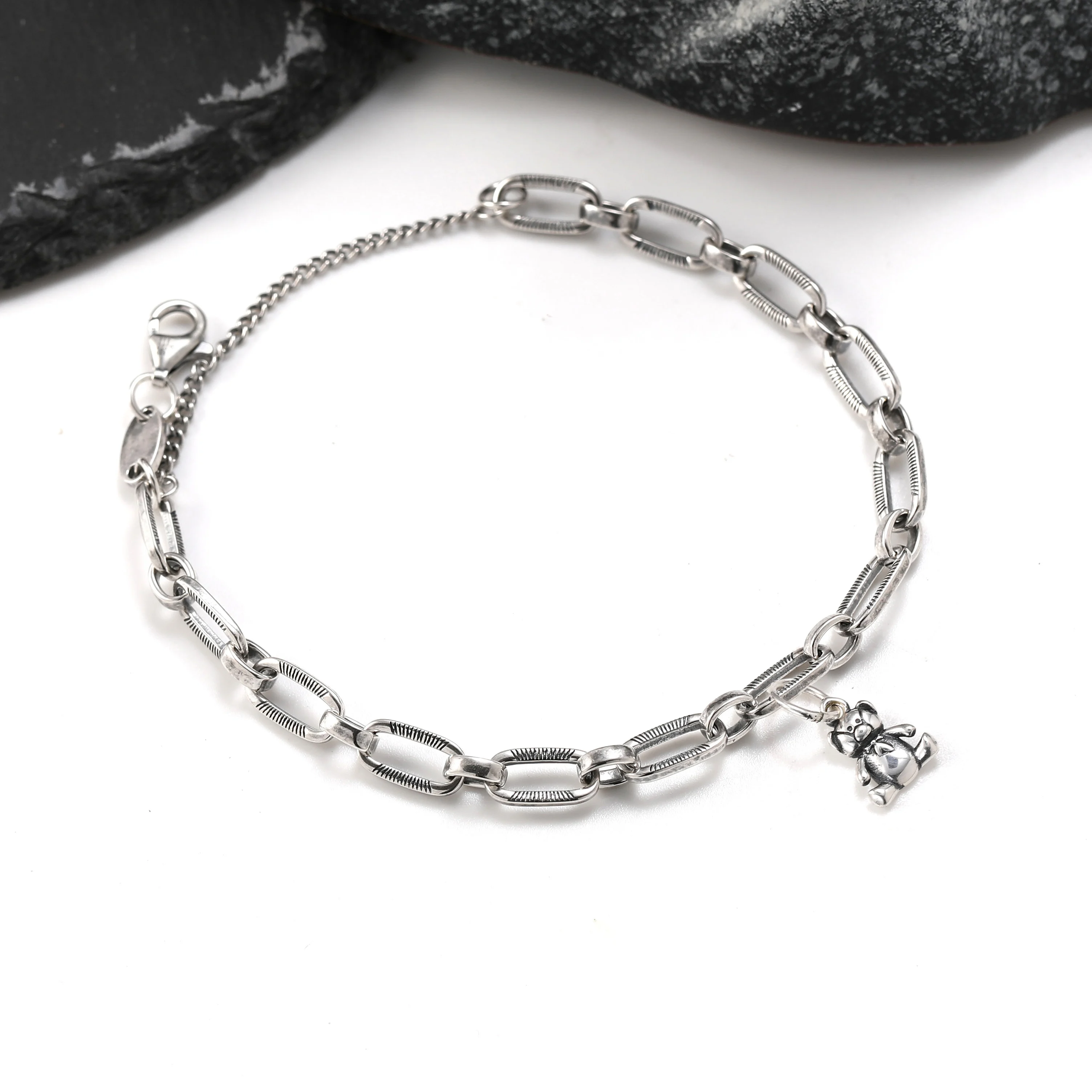 

Genuine 925 sterling silver exquisite Ornate Links Charm Bracelet paired with a plush teddy bear pendant