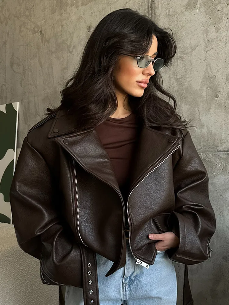 With Belt Leather Jacket Coat Lace Up Waist Cinched Suit Collar Slimming Zipper Biker Jackets Outwear Women Overcoat Streetwear