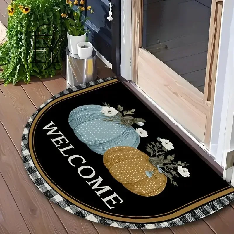 Half Circle Felt Doormat Black Cat Face with Amber Eyes Non Slip Entrance Rug for Home Entryway