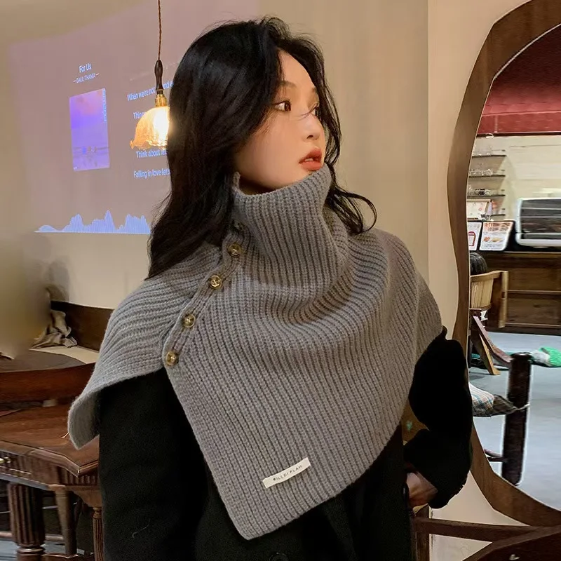 

Модный шарф с высоким воротником и пуговицами в ленивом стиле, зимний теплый корейский вязаный шерстяной шарф с пуговицами для внешнего вида