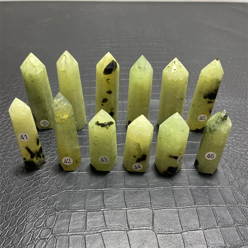 Natural Stone Prehnite Crystal Hexagon Wand Single Point Green Healing Stone Tower For Decoration