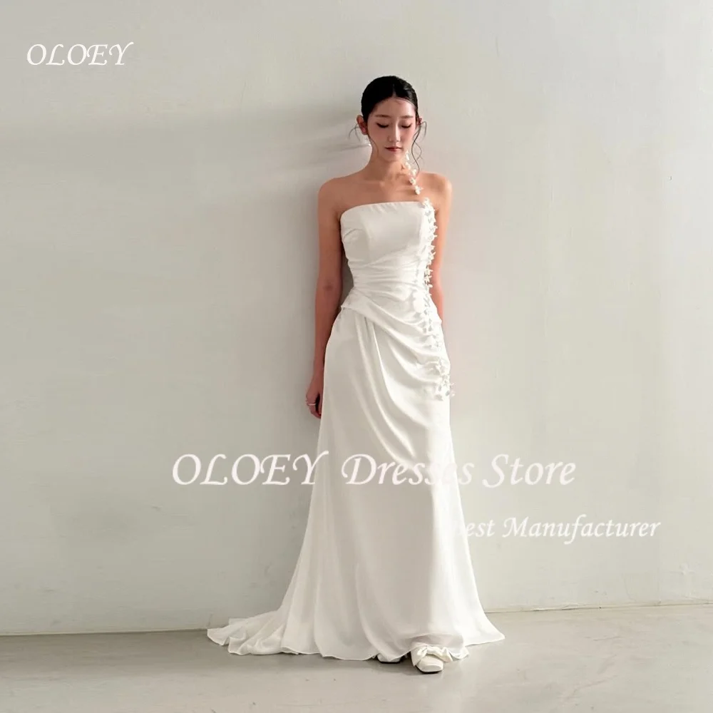 

OLOEY Korea Strapless Ruched Sleeveless Bride Dresses Sheath Corset Wedding Dresses 웨딩드레스 Ivory Customized Bride Gowns
