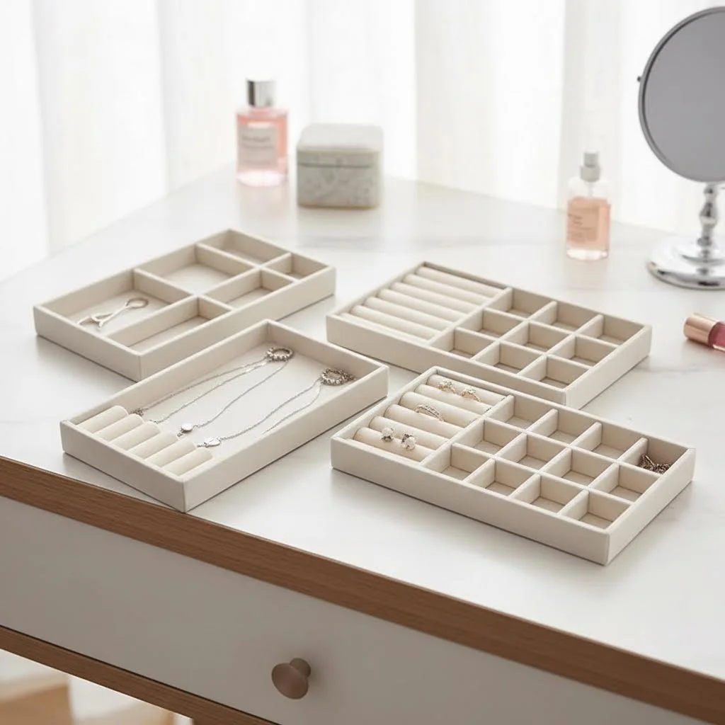 

Velvet Jewelry Display Exquisite Jewellery Holder Portable Ring Earrings Necklace Organizer Storage Box Organizator Trays Beige