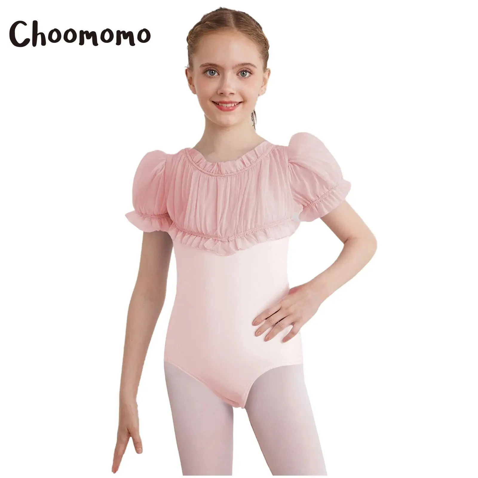 

Girls Ballet Leotard Short Puff Sleeves Cutout Back Ruche Sheer Mesh Ballerina Dance Bodysuit Gymnastics Workout Training Wear