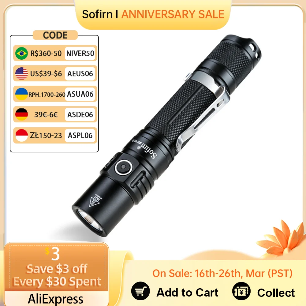 Sofirn SP31 V2.0 Powerful Tactical LED Flashlight 18650 XPL HI 1200lm Torch Light Lamp with Dual Switch Power Indicator ATR