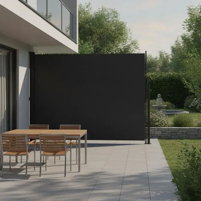 Auvent latéral rétractable noir 160x500 cm. Tissu en polyester avec revêtement PU imperméable et protection UV. Structure en acier et aluminium robuste, enroulable automatiquement. Comprend des accessoires de montage pour terrasse, balcon et jardin.