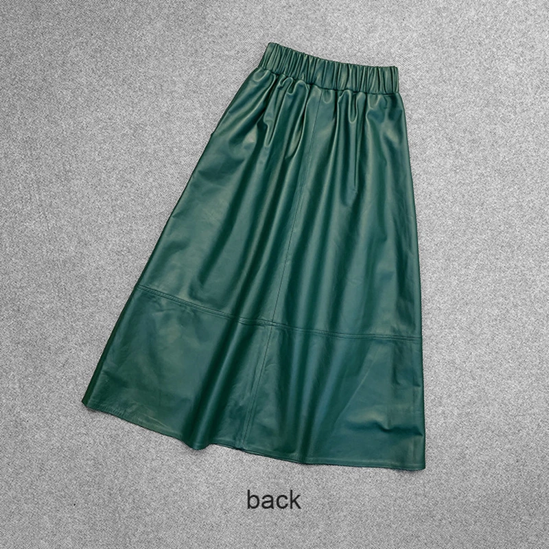 Genuine Leather Long Skirt Ladies Autumn Winter Sheepskin Elastic Waist Loose Casual Oblique Pocket Dark Green Umbrella Skirt