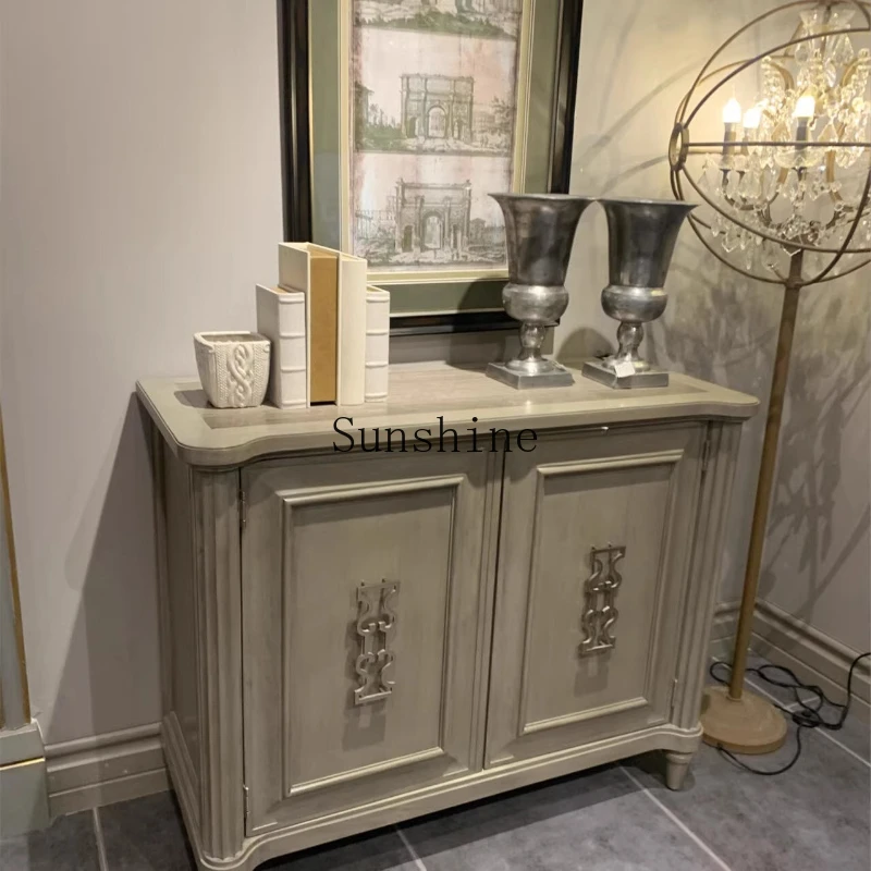 

American light luxury solid wood carving flower marble dining side cabinet shoe cabinet