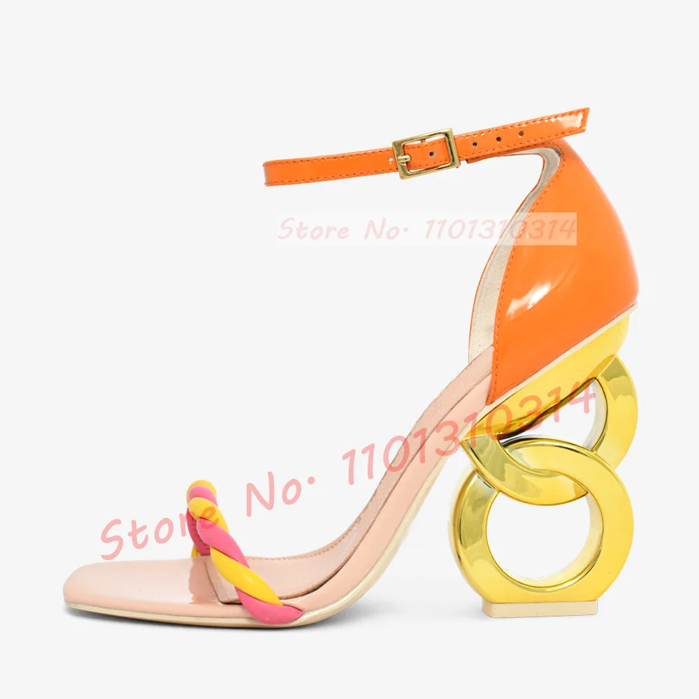 Multicolor Double Chain Heel Sandals Sweet Girl\'s Chic Party Square Toe Shoes Ladies Nifty Luxury Ankle Strap Cover Heel Sandals