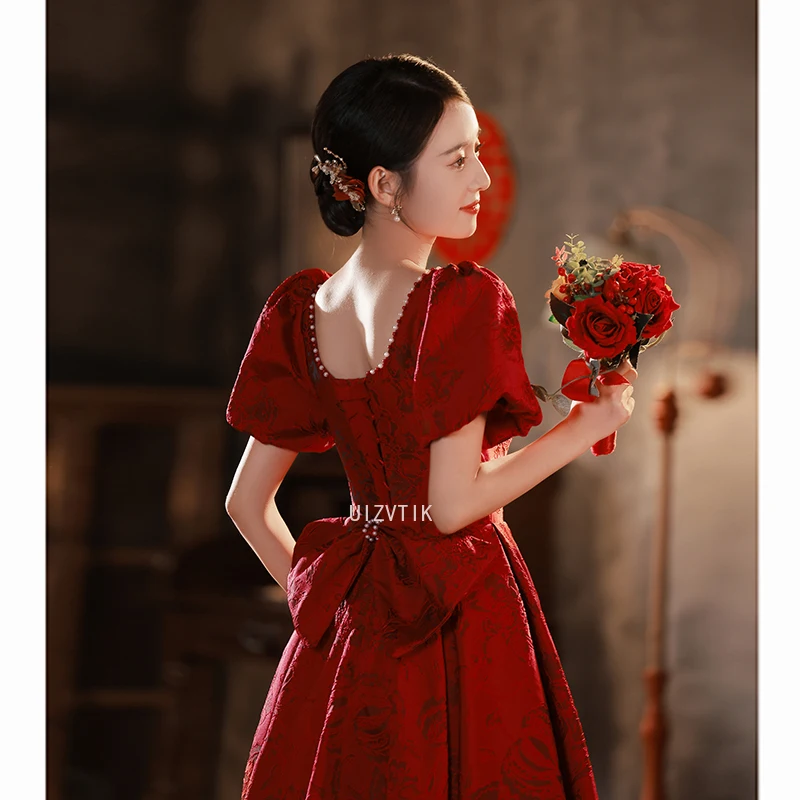 Burgundowa suknia ślubna w stylu francuskim księżniczka dla nowożeńców kobiety żakardowe Qipao 2025 elegancka suknia bankietowa z kokardą Robe De Soiree Vestidos
