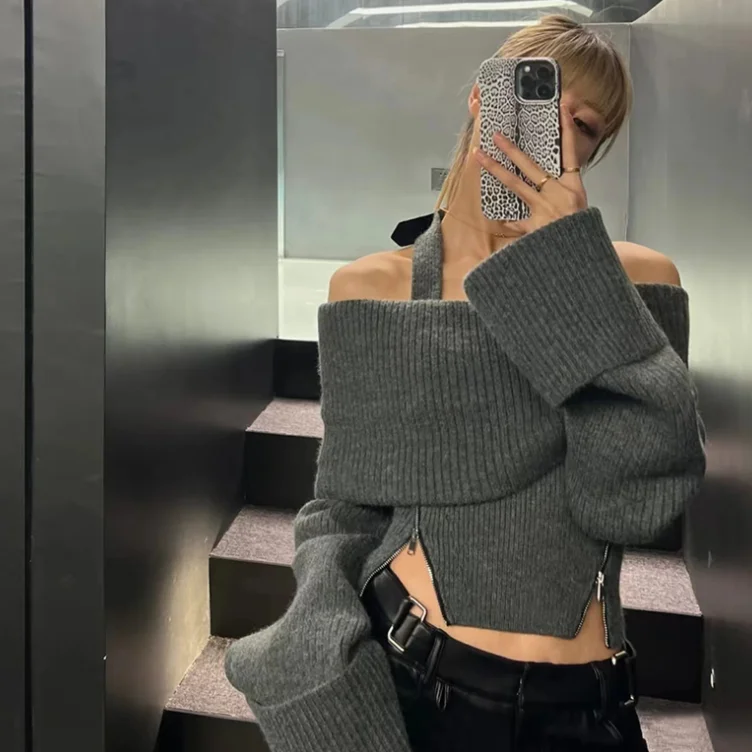 

Hot Girl Off-Shoulder Sweater Halter Neck Women Early Autumn New Style Fashionable Short Layered Sweater Trend