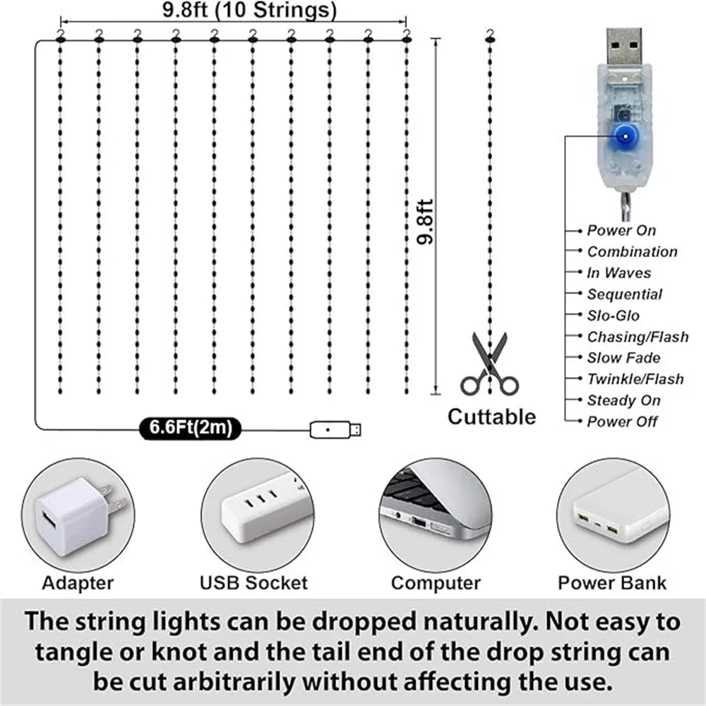 Lampu tirai air terjun 300 LED 3x3m, lampu tirai USB 8 mode Timer untuk dekorasi dinding kamar pesta Natal dalam ruangan luar ruangan